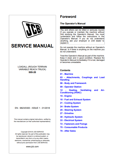 JCB 505-20 Loadall Service Repair Manual (Rough Terrain Variable Reach Truck) SN: 2457001 and Up