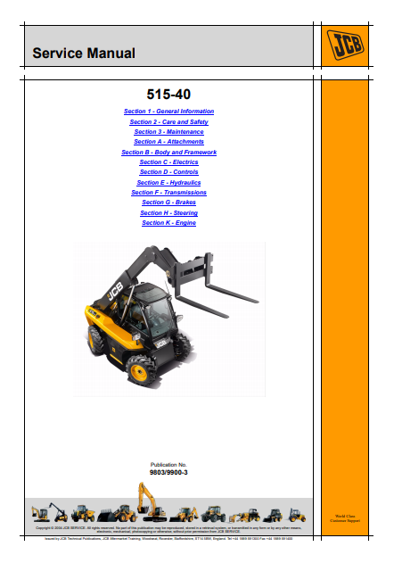JCB 515-40 Telescopic Handler Workshop Service Repair Manual – Serial Numbers 1627500-1628499