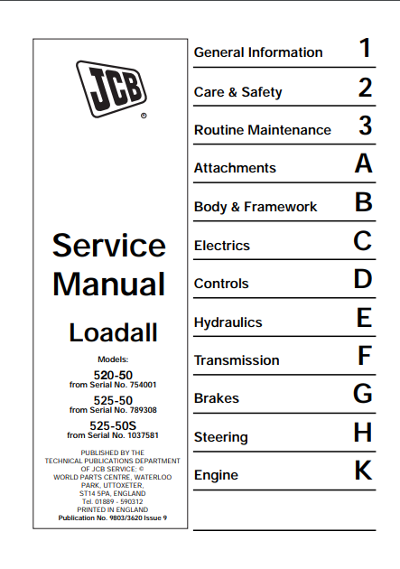 JCB 520-50, 520, 525-50 & 525-50S Telescopic Handler Workshop Service Repair Manual 9803-3620 PDF