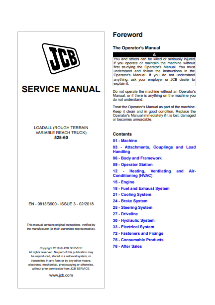 JCB 525-60 LOADALL Rough Terrain Variable Reach Truck Service Repair Manual