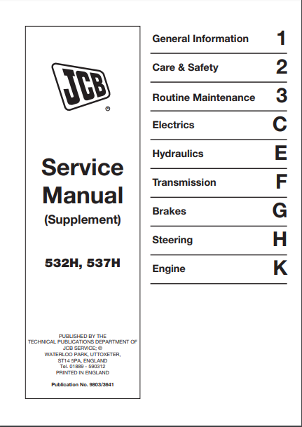 JCB 532H, 537H Telescopic Handler Service Repair Manual