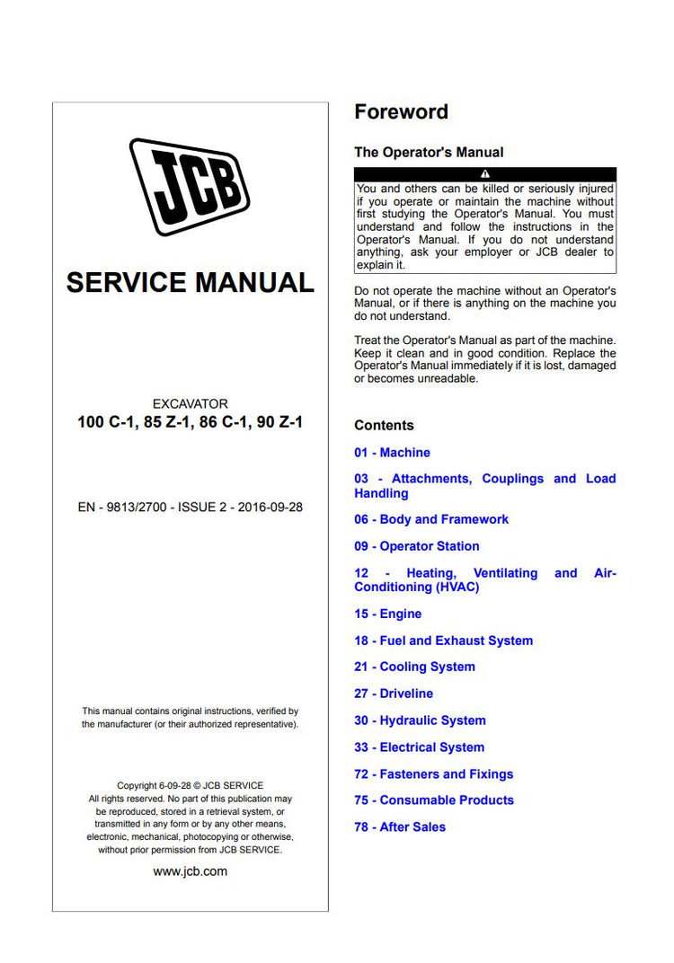 JCB 100 C-1, 85 Z-1, 86 C-1 & 90 Z-1 Compact Excavator Service Manual – EN-9813/2700