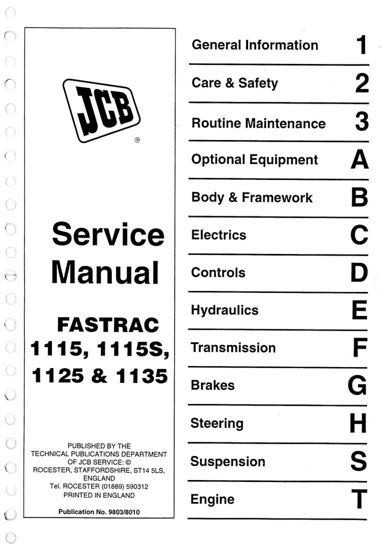 JCB 1115, 1115S, 1125 & 1135 Fastrac Service Manual 9803/8010 PDF