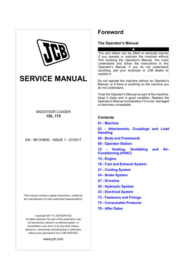 JCB 155 & JCB 175 Skid Steer Loader Service Manual – 9813-9800