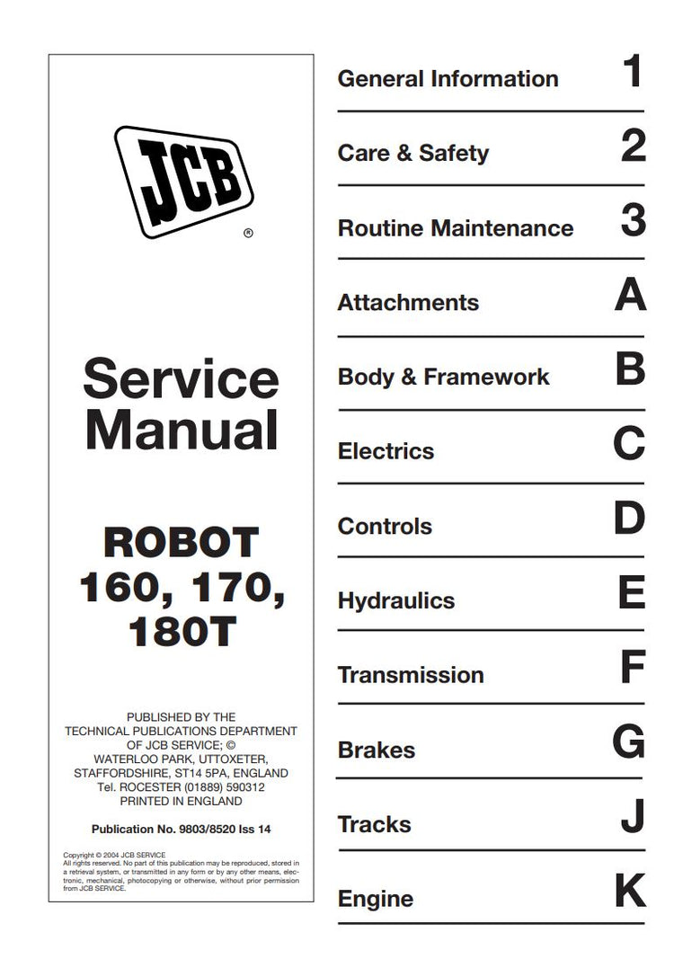 JCB 160, 170, 180T Robot Service Manual 9803/8520 – PDF Download