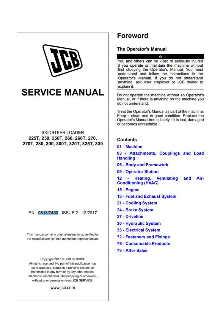 JCB 225T, 250, 250T, 260, 260T, 270, 270T, 280, 300, 300T, 320T, 325T, 330 Service Manual – 9813/7450
