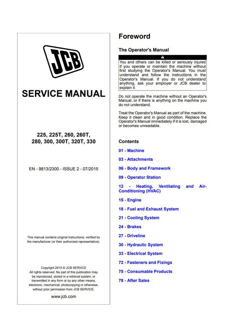JCB 225, 225T, 260, 260T, 280, 300, 300T, 320T, 330 Service Manual – EN-9813/2300 Issue 2, 07/2015