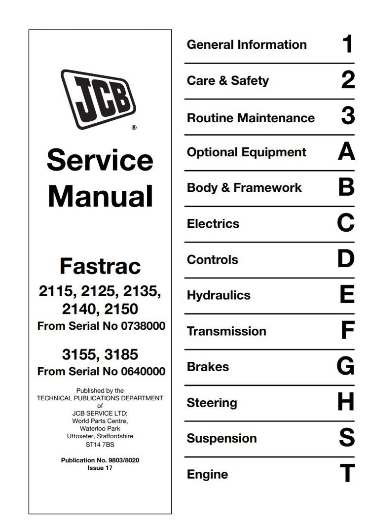 JCB Fastrac 3155, 3185, 2115, 2125, 2135, 2140 & 2150 Service Manual – 9803/8020