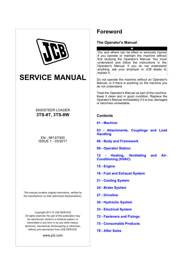 JCB 3TS-8T & 3TS-8W Skid Steer Loader Service Manual – 2475701
