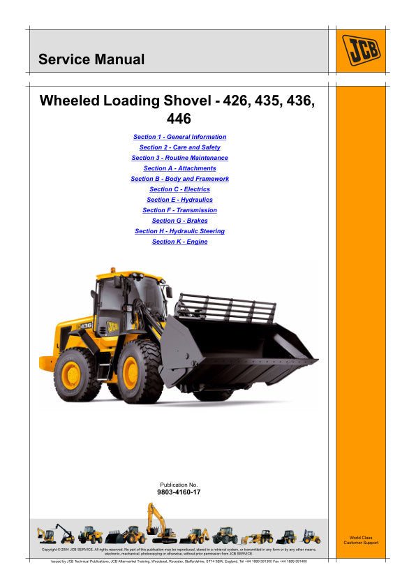 JCB 426, 435, 436 & 446 Wheeled Loading Shovel Service Manual 9803-4160-17 PDF
