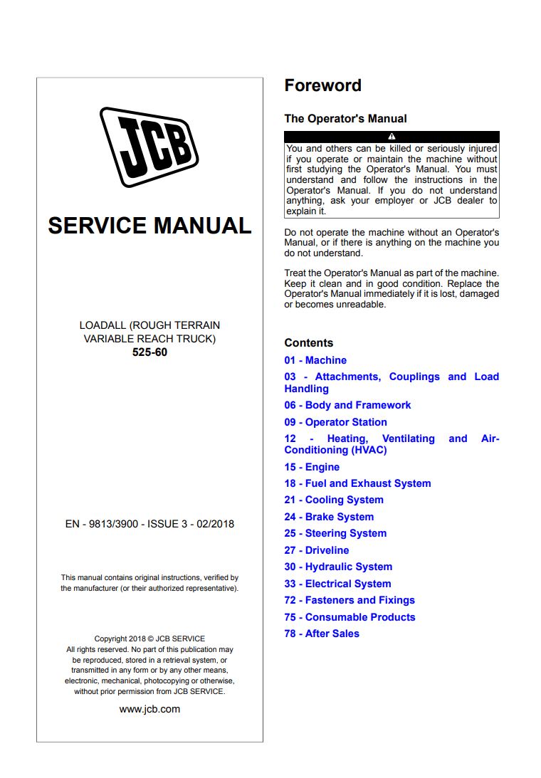 JCB 525-60 Telescopic Handler Service Manual PDF EN 9813/3900 Issue 3 2018