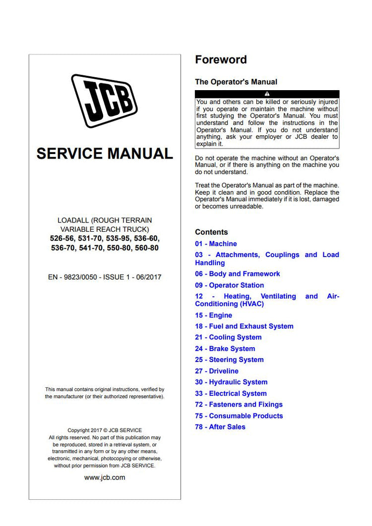 JCB 526-56, 531-70, 535-95, 536-60, 536-70, 541-70, 550-80, 560-80 Service Manual – 9823/0050