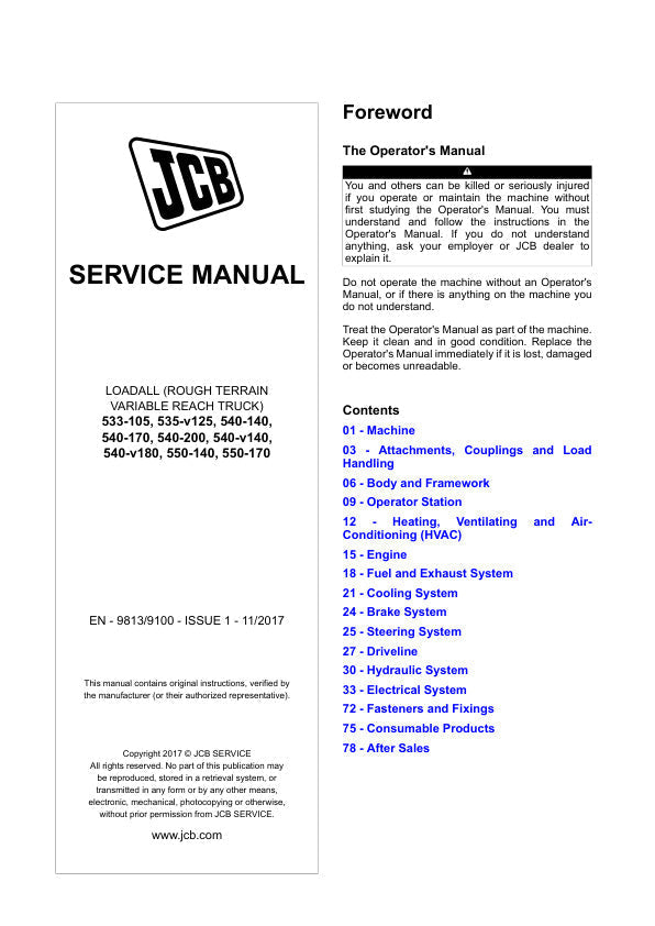 JCB 533-105, 535-V125, 540-140, 540-170, 540-200, 540-V140, 540-V180, 550-140 & 550-170 Service Manual