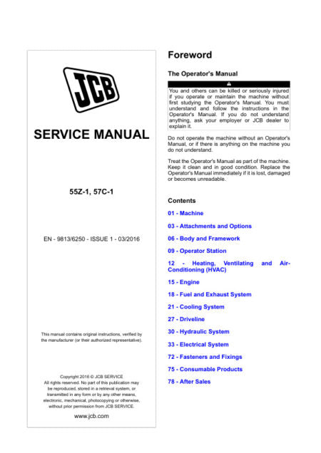 JCB 55Z-1 & 57C-1 Mini Excavator Service Manual 9813/6250 PDF