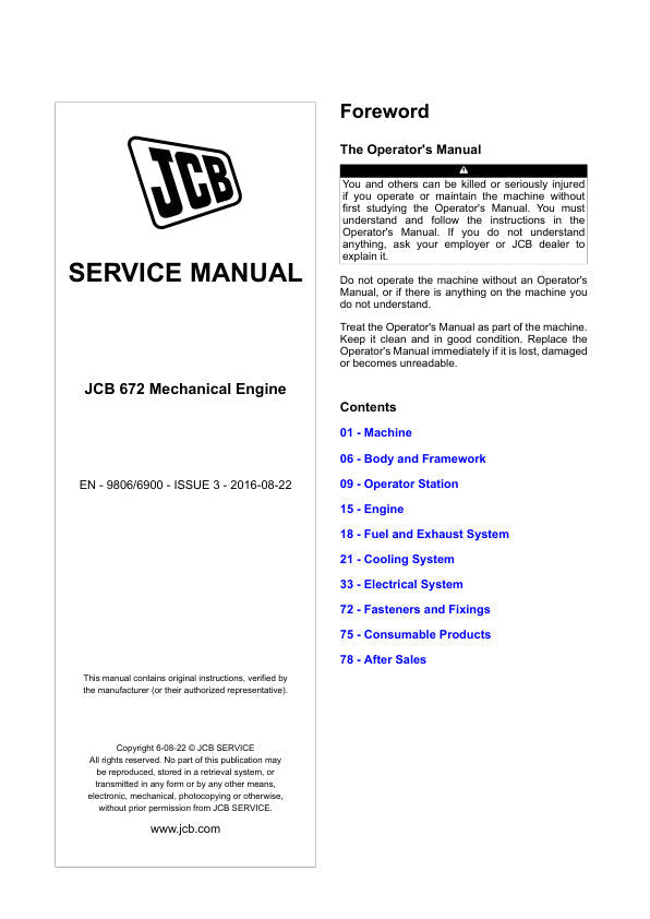 JCB 432ZX PLUS Loader Service Manual – EN 9823/0650, Issue 1, 05/2018