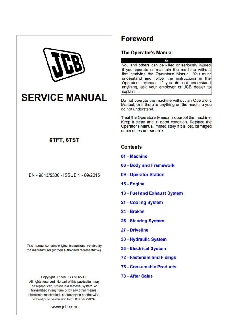 JCB 6TFT & 6TST Service Manual – EN-9813/5300 Issue 1, 09/2015