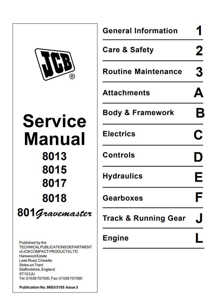 JCB 8013, 8015, 8017 & 8018 Mini Excavator Service Manual 9803/3105 PDF