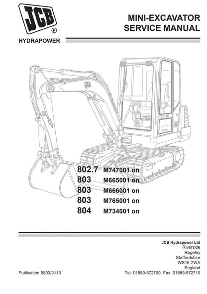 JCB 802.7, 803 & 804 Mini Excavator Service Manual – 9803/3110