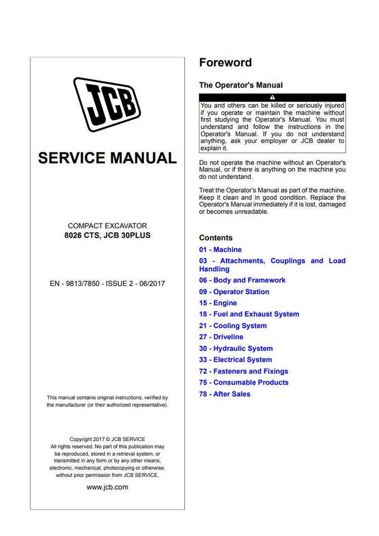 JCB 8026 CTS 30PLUS Compact Excavator Service Manual PDF – EN 9813/7850 Issue 2
