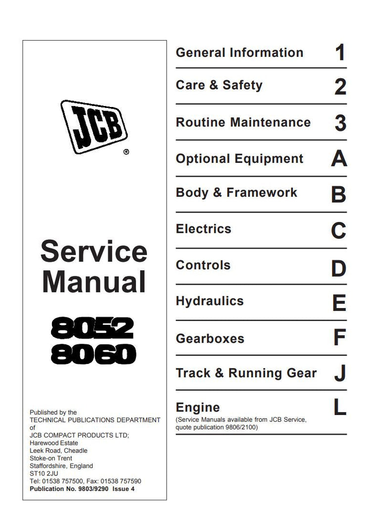 JCB 8052 & 8060 Excavator Service Manual – 9803/9290 | Repair & Maintenance Guide