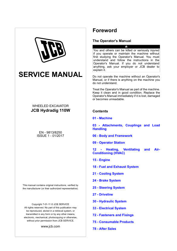 JCB Hydradig 110W Service Manual – 9813/8250 | Repair & Maintenance Guide