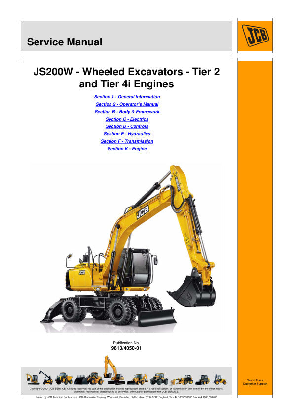 JCB JS200W Wheeled Excavator Tier 2 & Tier 4i Engine Service Manual 9813/4050-01 PDF