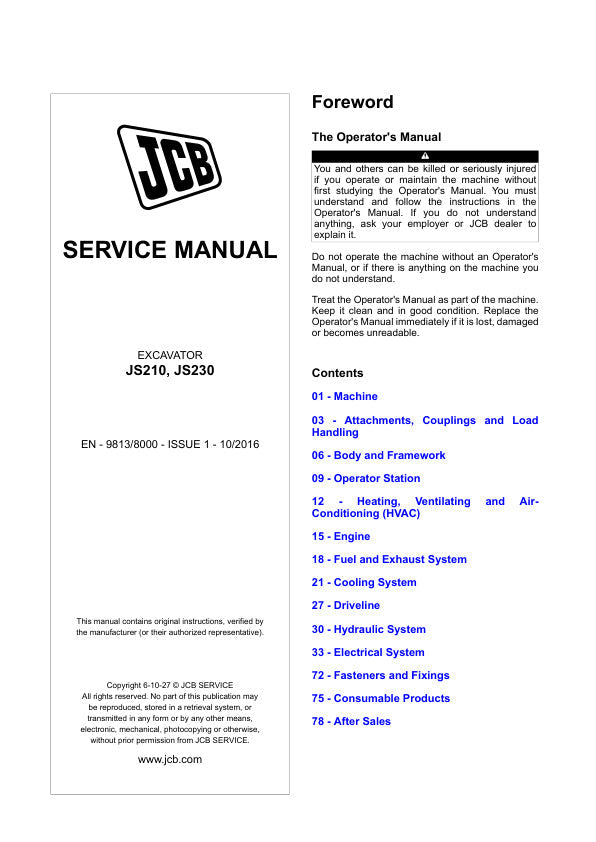 JCB JS210 & JS230 Excavator Service Manual EN – 9813/8000 – Issue 1 – 10/2016 PDF