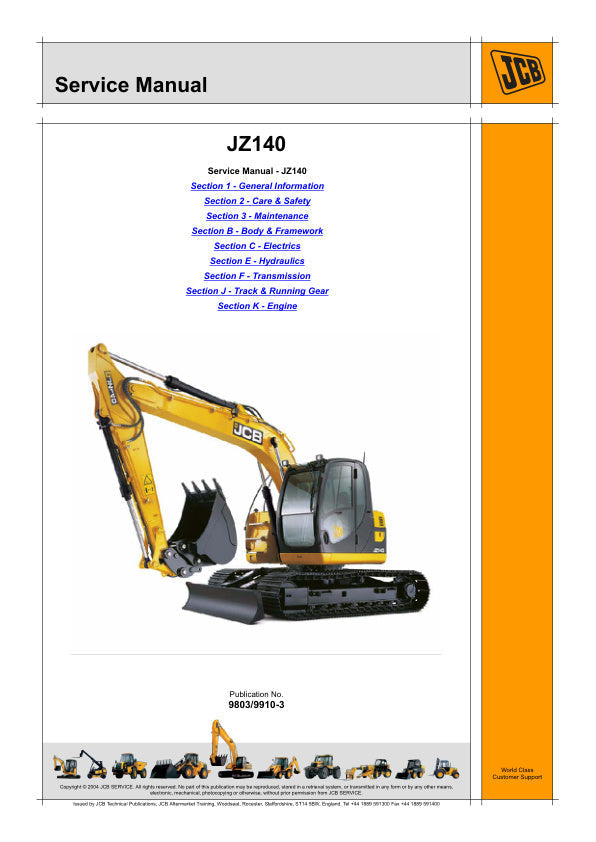 JCB JZ140 Excavator Service Manual – 9803/9910-3