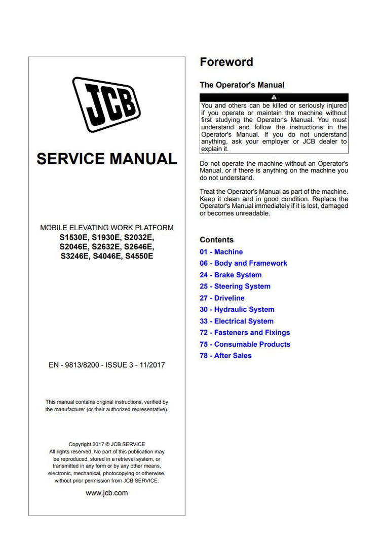 JCB S1530E, S1930E, S2032E, S2046E, S2632E, S2646E, S3246E, S4046E, S4550E Service Manual 9813/8200 PDF