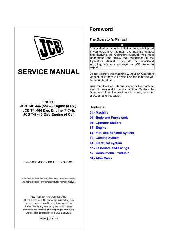 JCB T4F 444, T4I 444 & T4I 448 Engine Service Manual 9806/4300 PDF