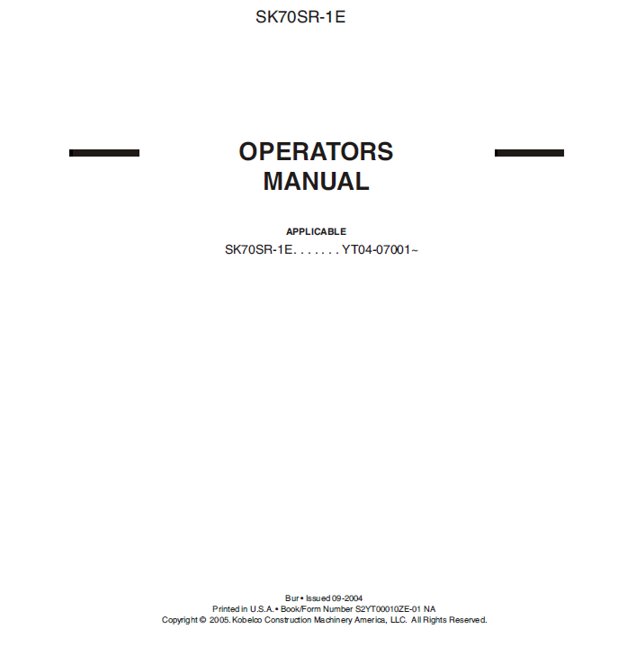 Kobelco Excavator SK70SR-1E Operator Manual