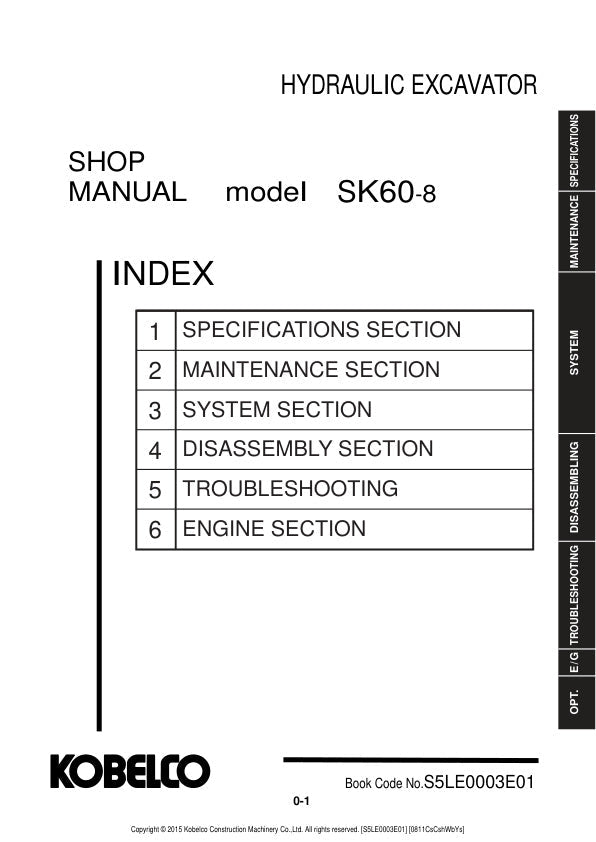 KOBELCO SK60-8 Hydraulic Excavator Shop Manual S5LE0003E01 PDF Download