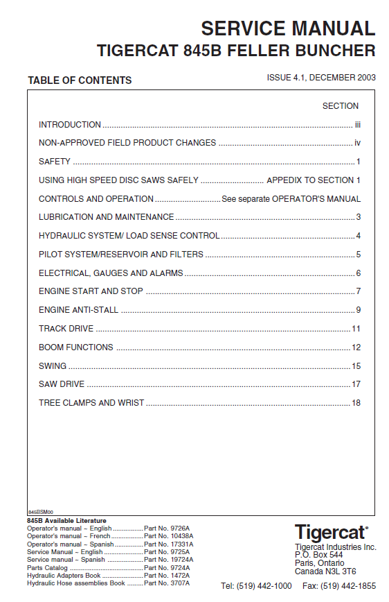 TIGERCAT L845B FELLER BUNCHER SERVICE MANUAL (845T0501-845T1499)