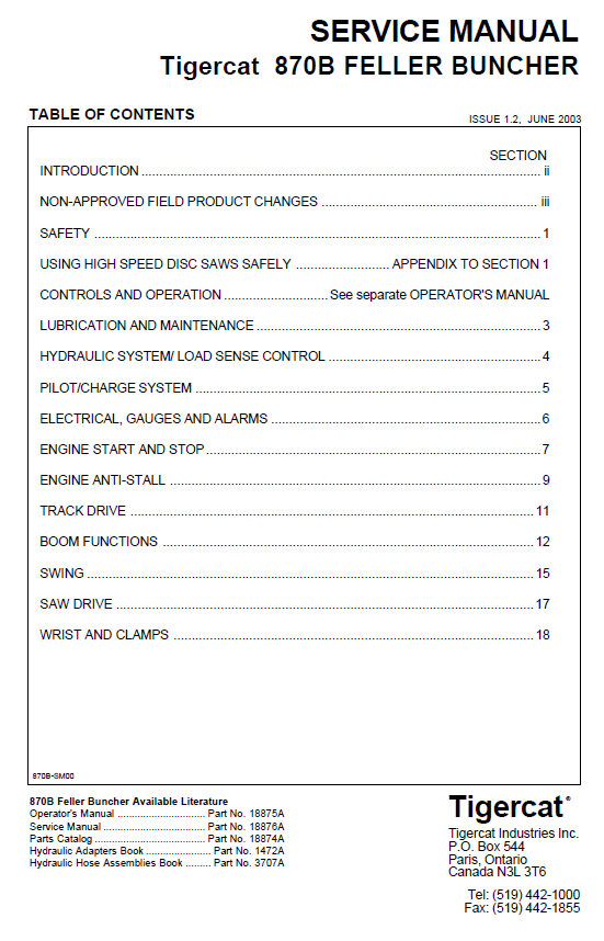TIGERCAT L870B FELLER BUNCHER SERVICE MANUAL (870T0501-870T0999)
