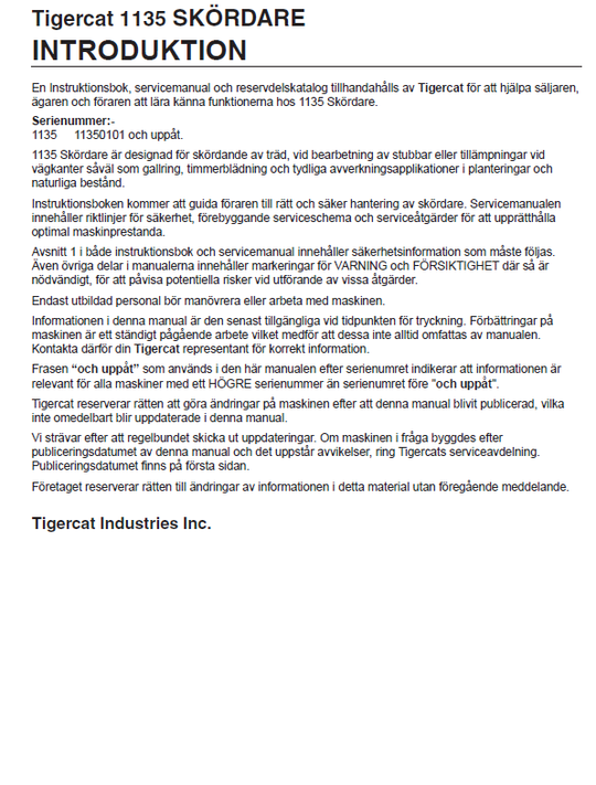 TIGERCAT 1135 HARVESTER OPERATOR/USER MANUAL