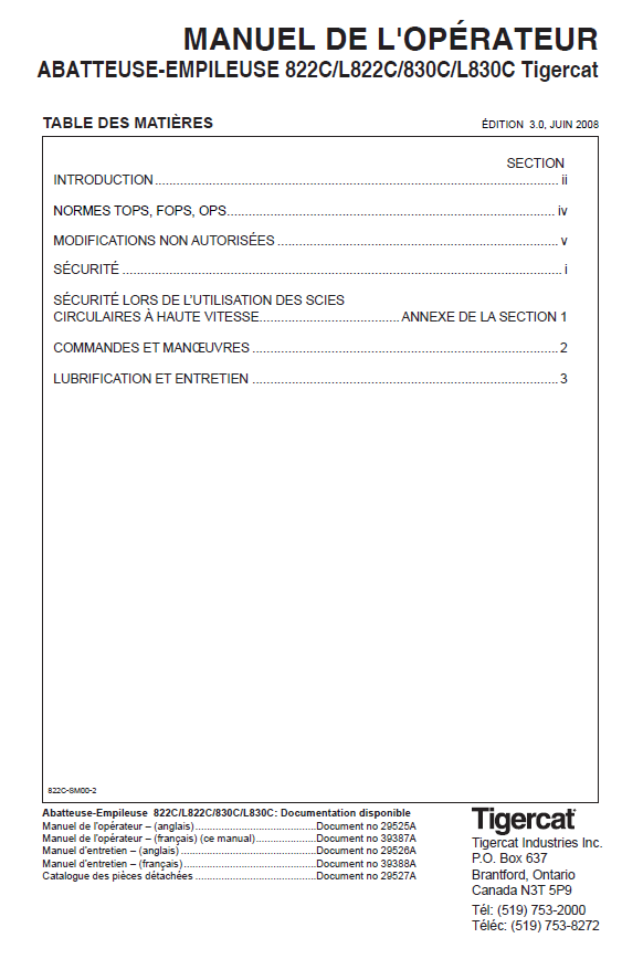 TIGERCAT L822C FELLER BUNCHER OPERATOR/USER MANUAL (82221001-82223000, 82221001-82221999)