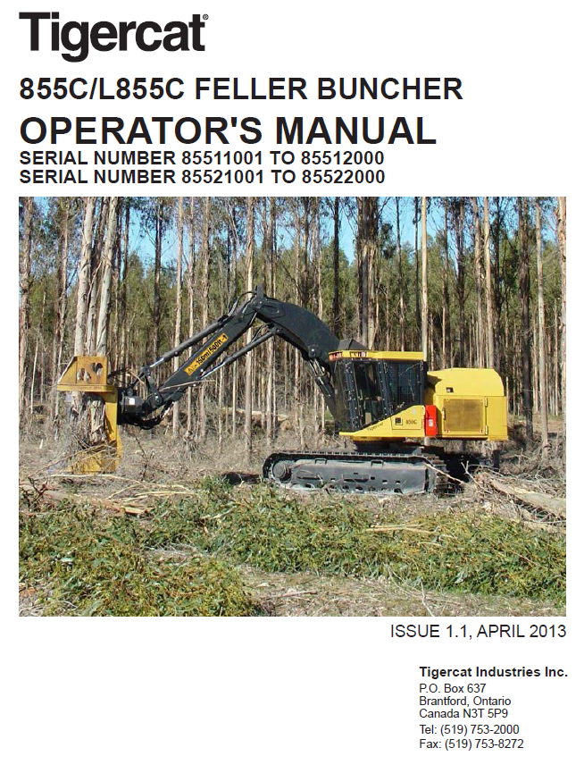 TIGERCAT 855C FELLER BUNCHER OPERATOR'S/USER MANUAL (85510101-85512000, 85511001-85512000) - PDF FILE DOWNLOAD