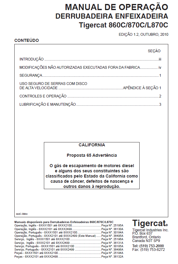 TIGERCAT 860C FELLER BUNCHER OPERATOR/USER MANUAL (86011501-86013500, 86012101-86012499)