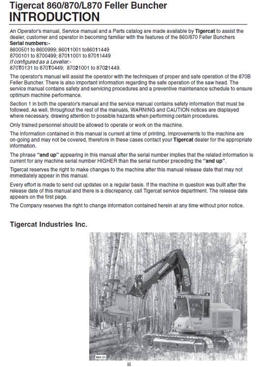 TIGERCAT L870 FELLER BUNCHER OPERATOR/USER MANUAL (870T0130-87021499)