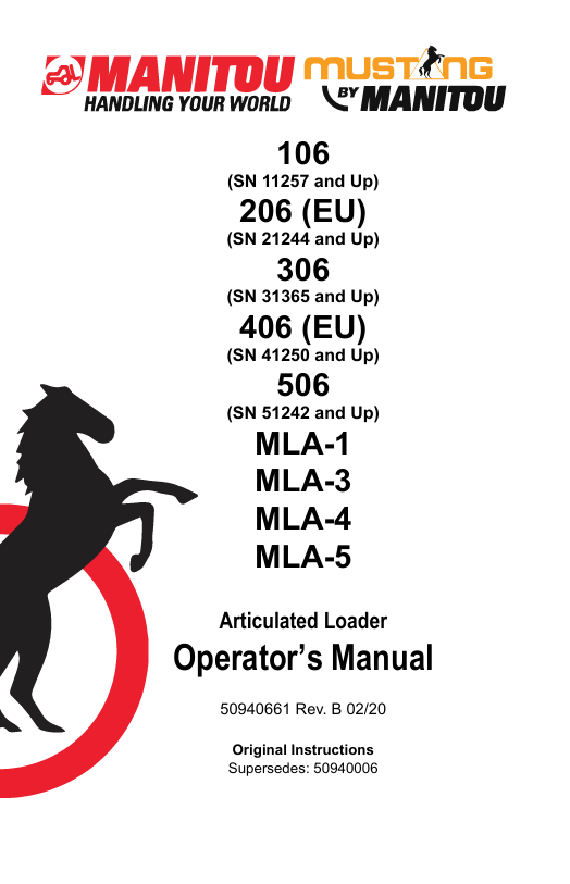 Mustang 106 206 306 406 506 Articulated Loader Operator's Manual PDF (50940661)