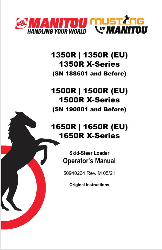 Mustang 1350R 1500R 1650R Skid Steer Loader Operator Manual PDF (50940264)
