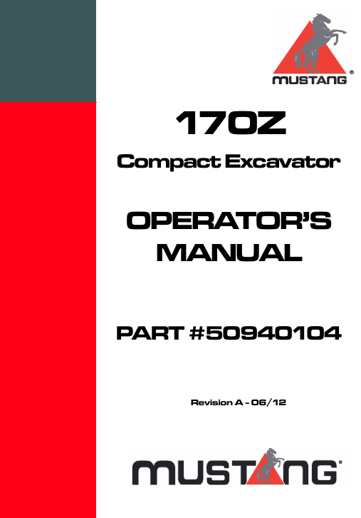 MUSTANG 170Z COMPACT EXCAVATOR (50940104) OPERATOR'S MANUAL PDF