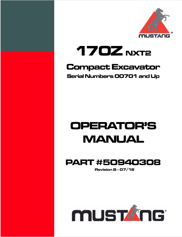Mustang 170Z Compact Excavator (50940308) Operator's Manual PDF