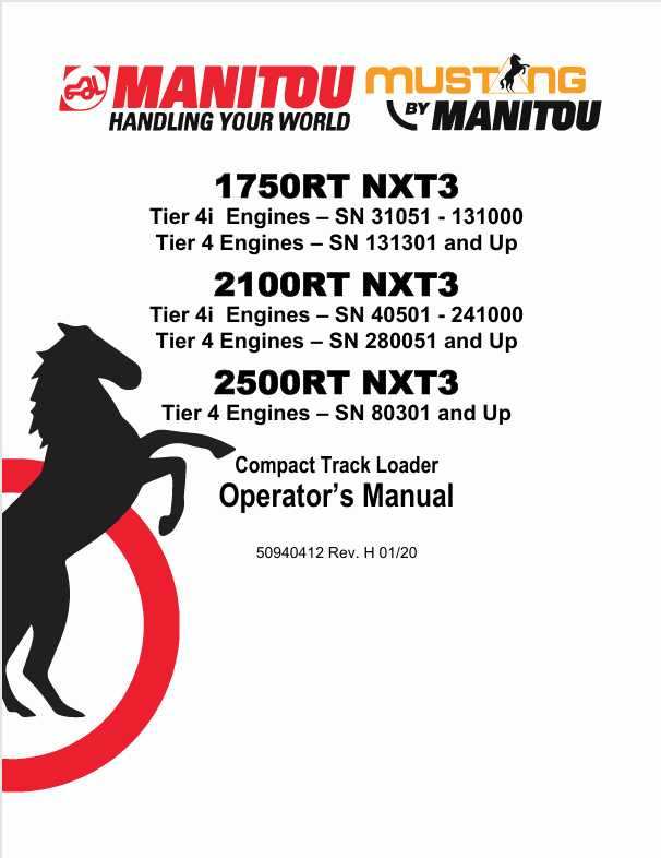 Mustang 1750RT, 2100RT & 2500RT Compact Track Loaders 50940412 Operator's Manual PDF