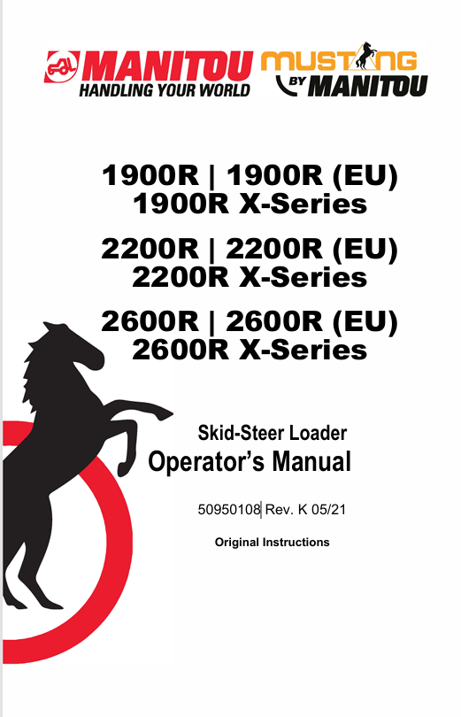 MUSTANG 1900R, 2200R, 2600R Skid Steer Loader (50950108) Operator's Manual PDF