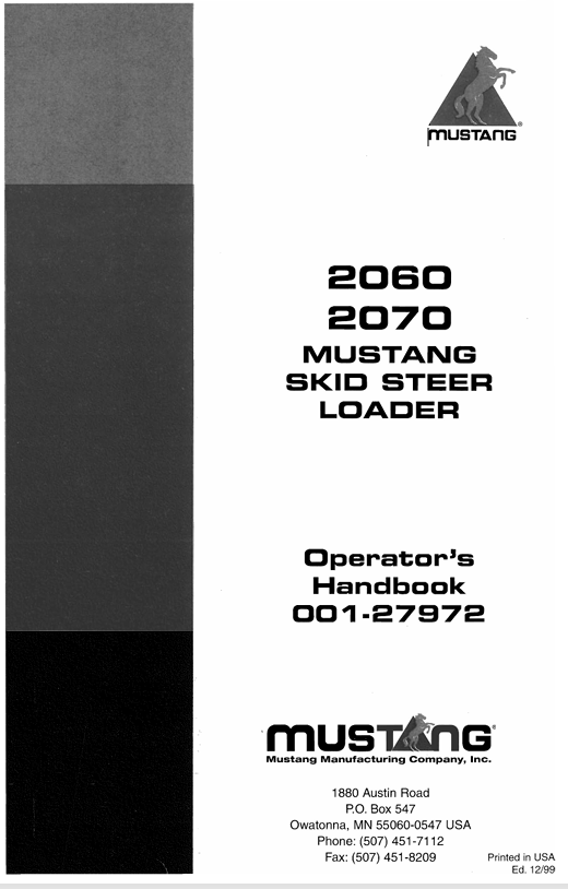 MUSTANG 2060, 2070 Skid Steer Loader (001-27972) Operator's Manual PDF