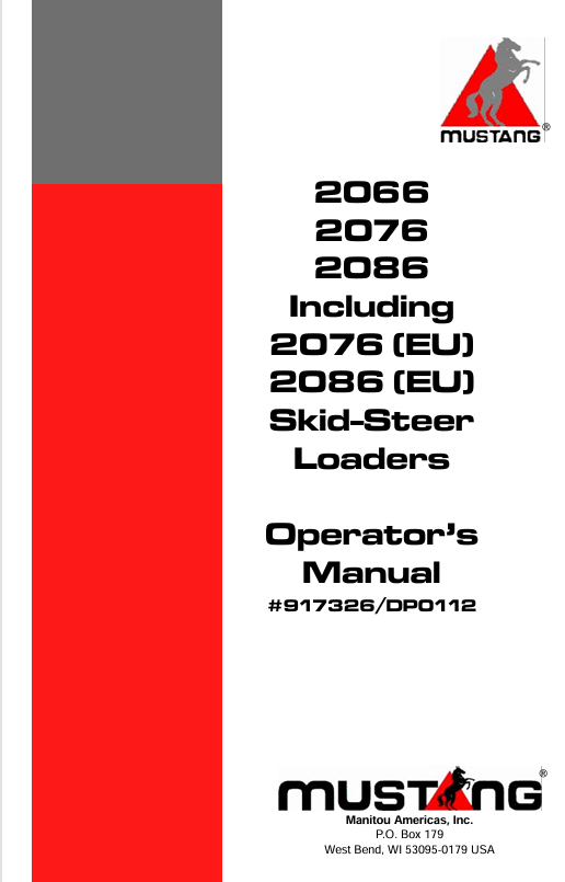 MUSTANG 2066, 2076, 2086 Skid Steer Loader (917326) Operator's Manual PDF