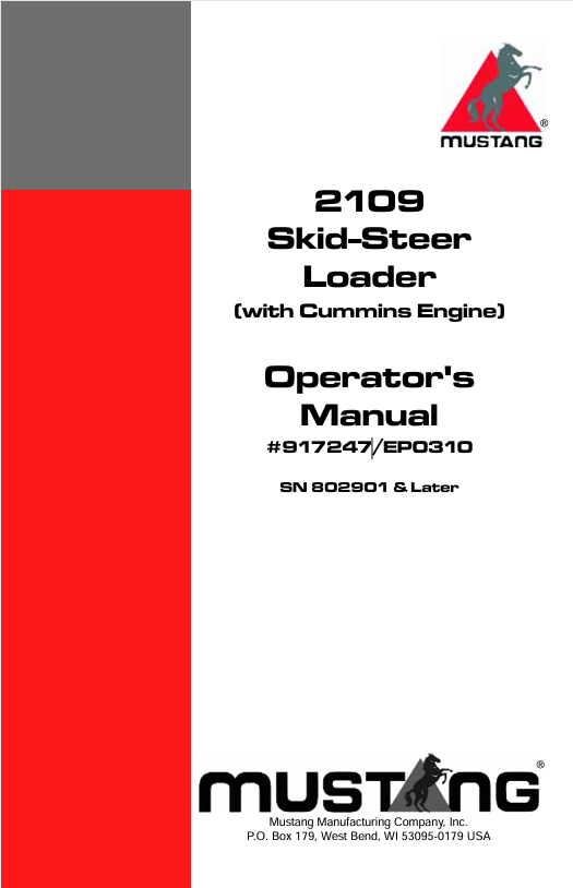 Mustang 2109 Skid Steer Loader (917247) Operator's Manual PDF