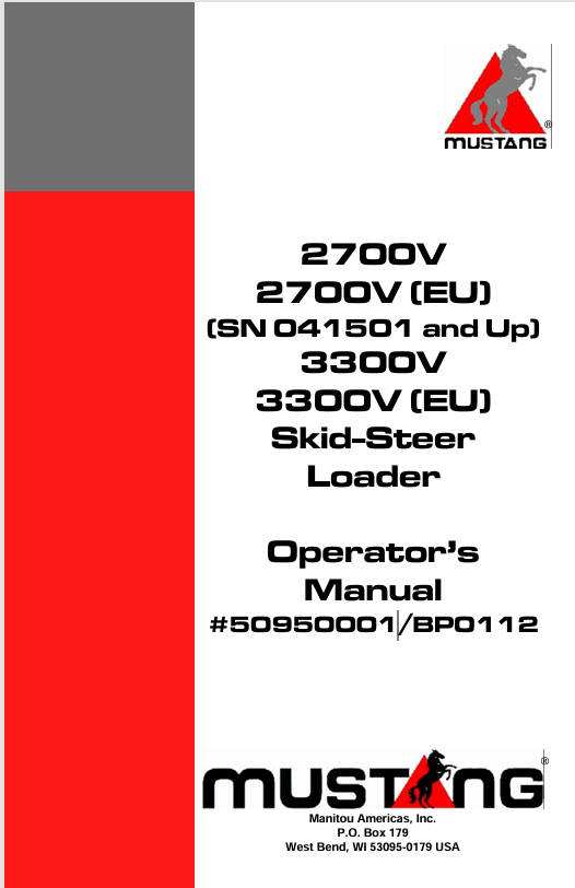 Mustang 2700V & 3300V Skid Steer Loader (50950001) Operator's Manual PDF Download