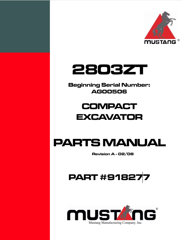 MUSTANG 2803ZT Compact Excavator (918277) Parts Manual PDF Download